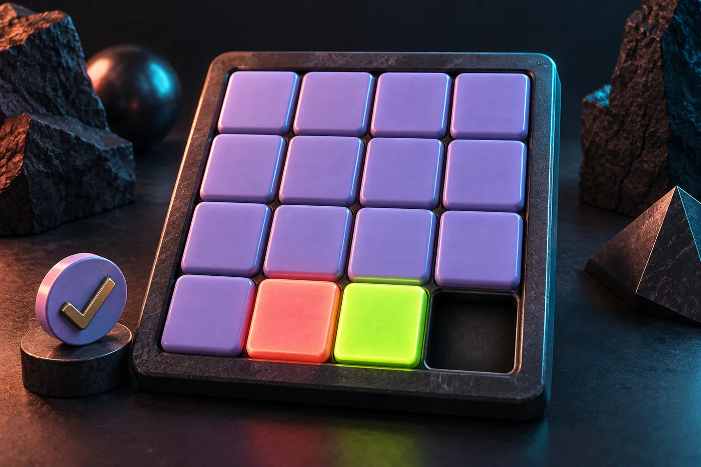 Original illustration: a four-by-four sliding-tile board with one empty square and a glowing tile pair.