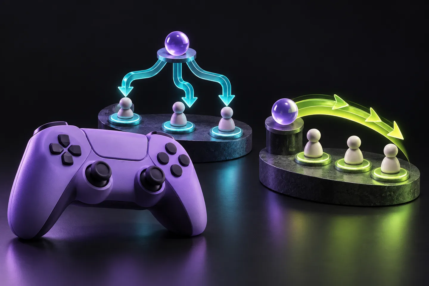 Original conceptual illustration of a controller beside decision paths and a separate accelerated combat timeline.