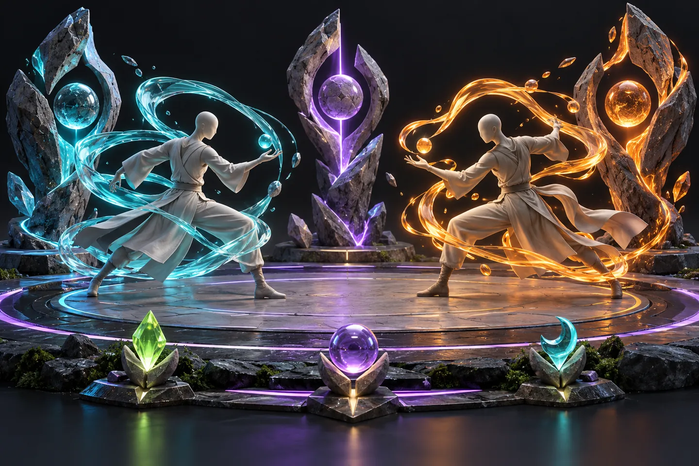 Original illustration of two anonymous fighters facing each other across an elemental arena.