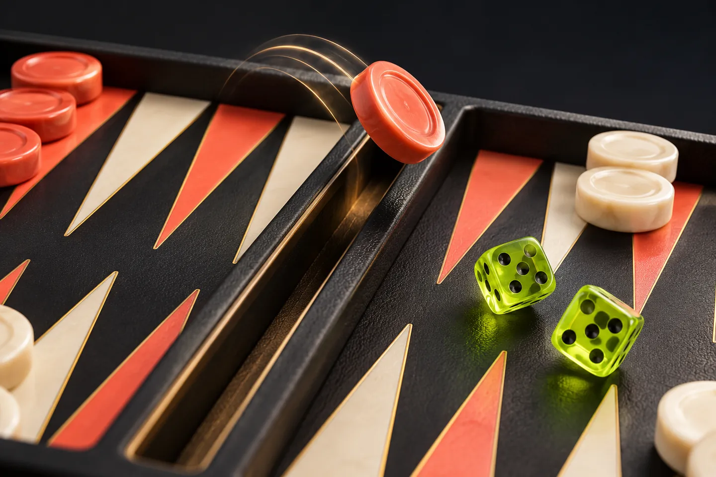Original illustration: a close editorial detail of coral and ivory backgammon points.