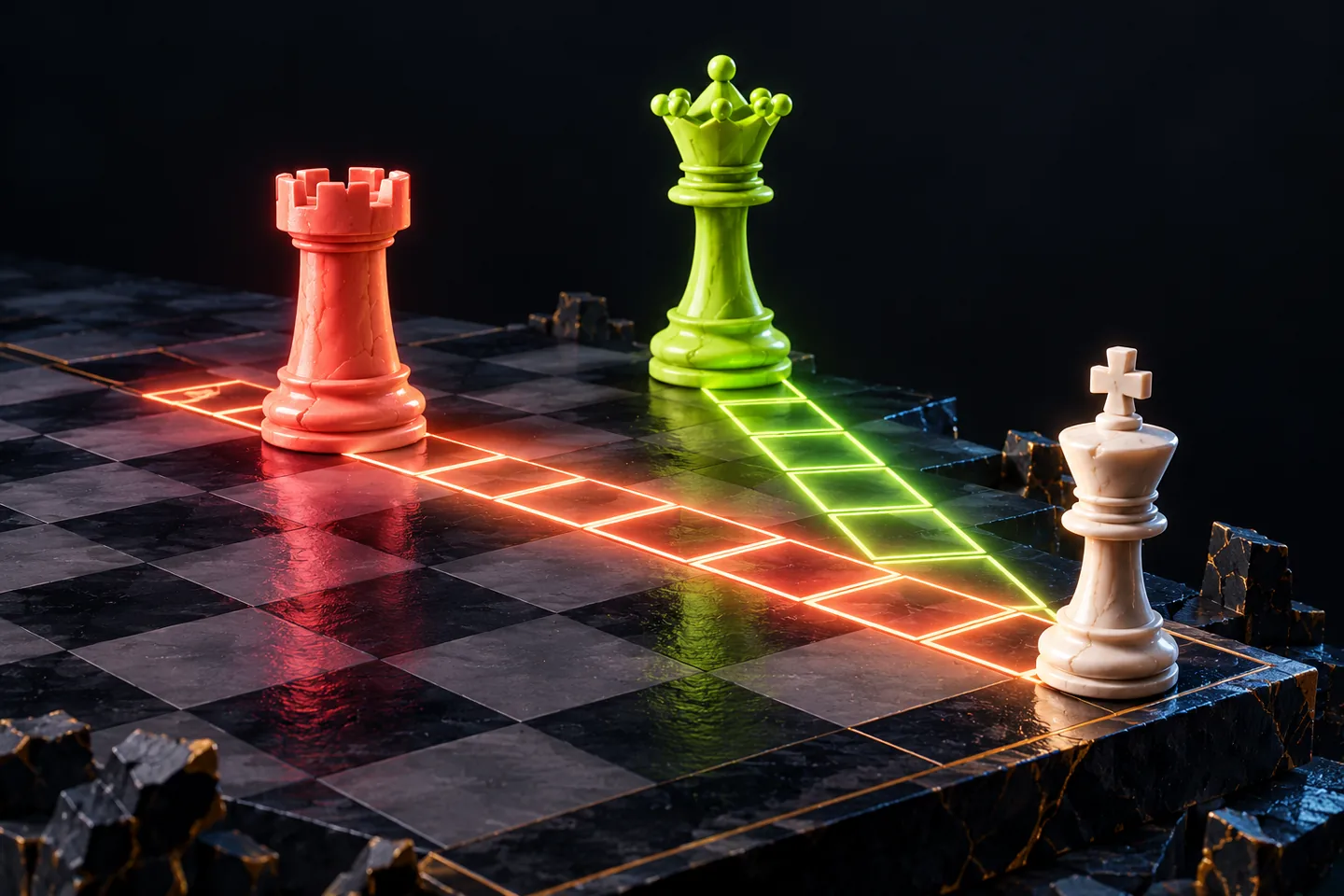 Original illustration: an ivory chess king near the corner of a dark chessboard.