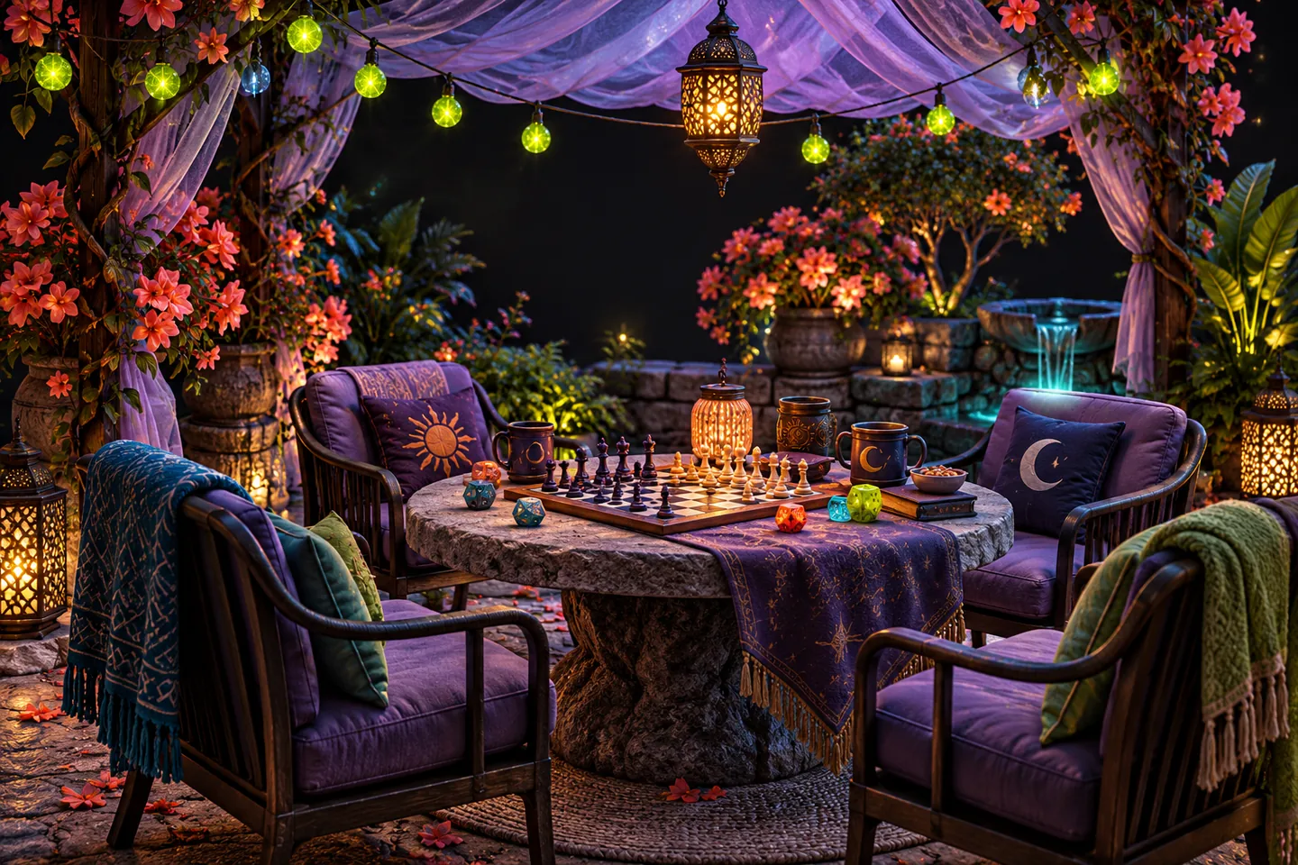 Original illustration: A welcoming miniature outdoor garden table under a translucent lavender canopy, a chessboard, colorful dice and four chairs, coral flowering plants and lime string lights, sociable evening game night.