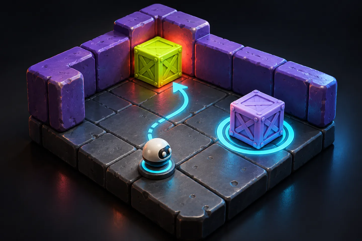 Original illustration: a crate beside a blocked corner and another crate on a glowing goal.