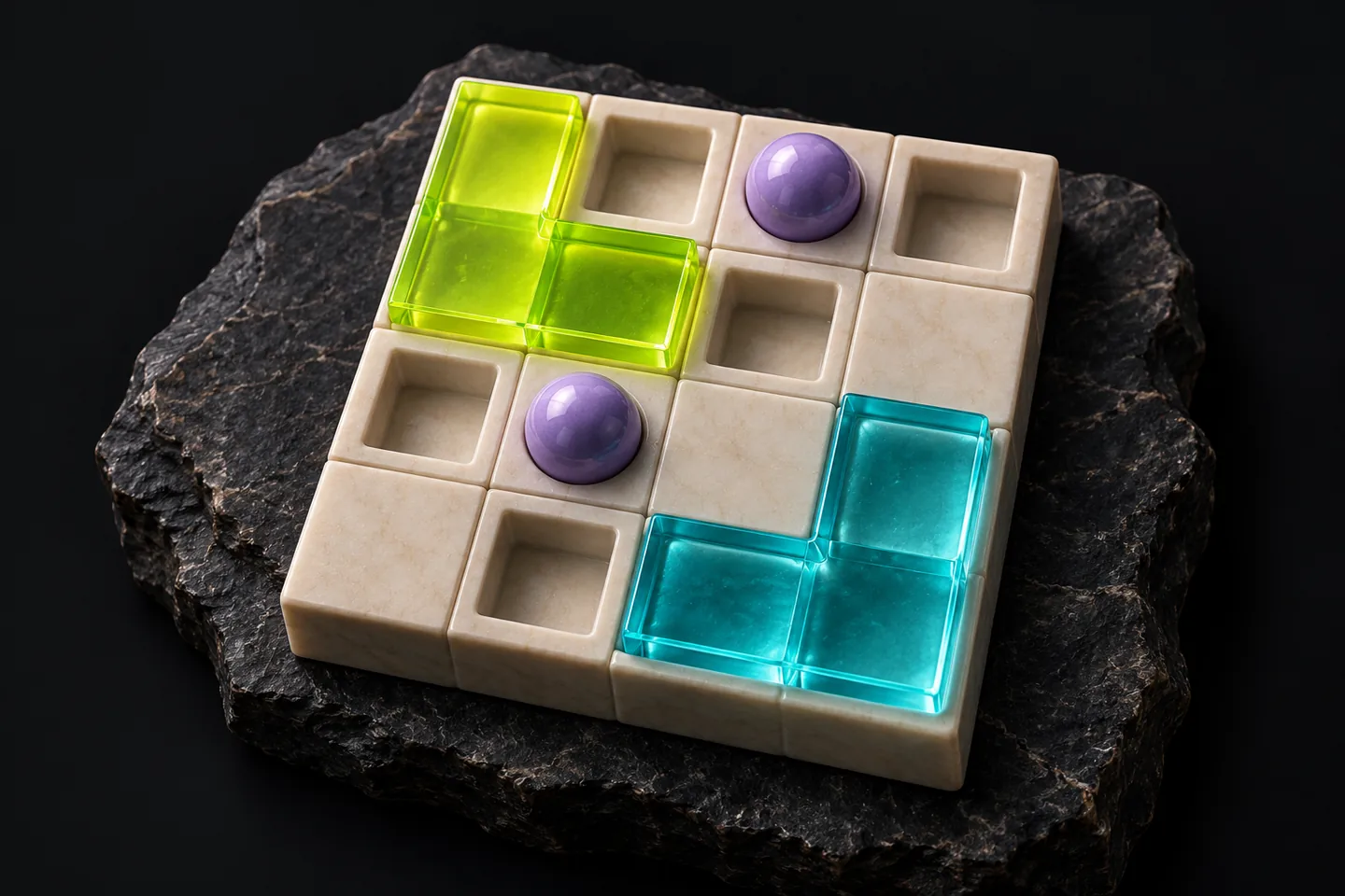 Original conceptual illustration of a small number-puzzle grid with grouped cells and repeated pieces in different rows and columns.