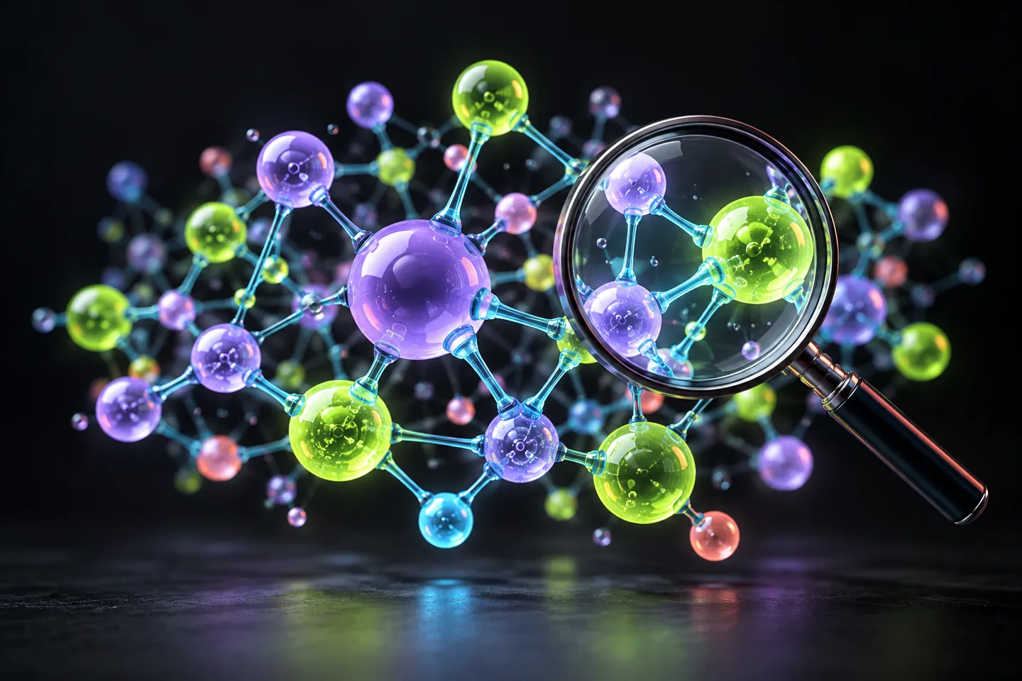 Original illustration: a lens examines connections in an abstract network of mixed-color glass nodes.