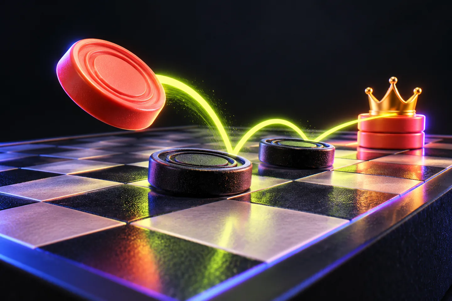 Original illustration: a low-angle coral checker disc leaping over two dark discs along a zigzag lime light trail toward a doubled king stack at the far edge of a board.