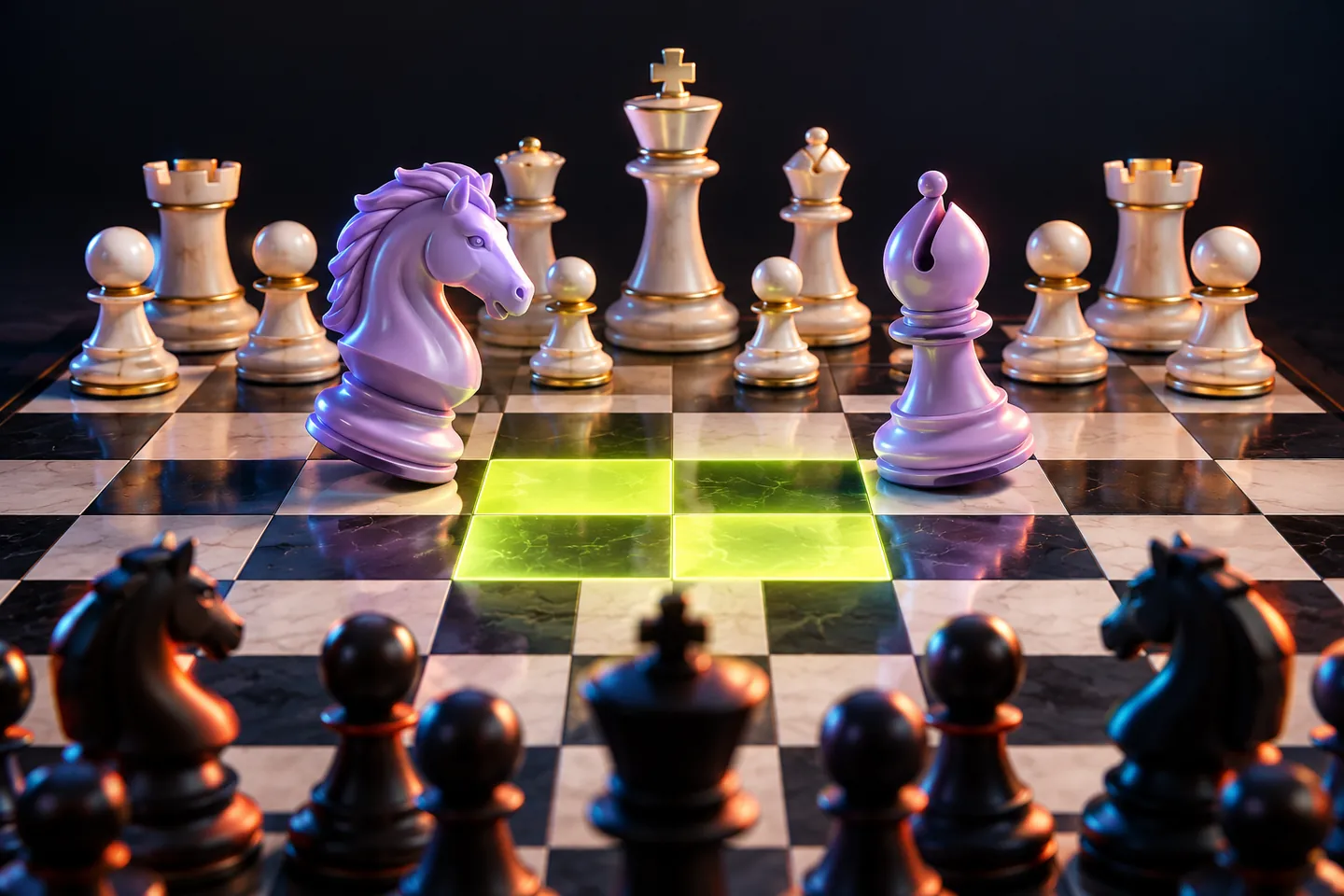 Original illustration: a wide black-and-ivory chessboard with a lavender knight and bishop stepping toward four glowing lime central squares.