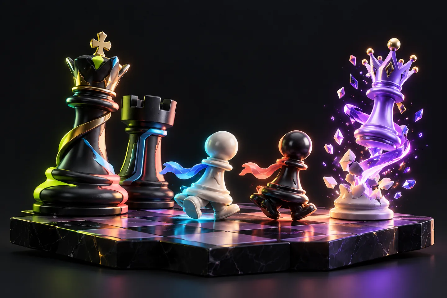 Original illustration: a triptych-like single connected chess sculpture: king beside rook.
