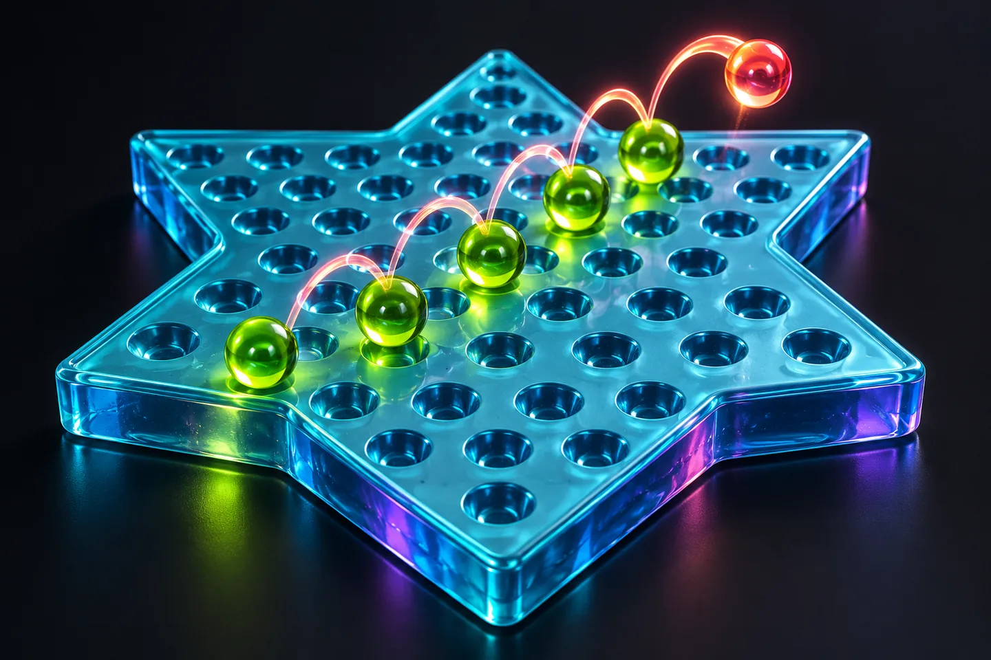 Original illustration: close-up of a diagonal route across a cyan six-pointed star marble board.