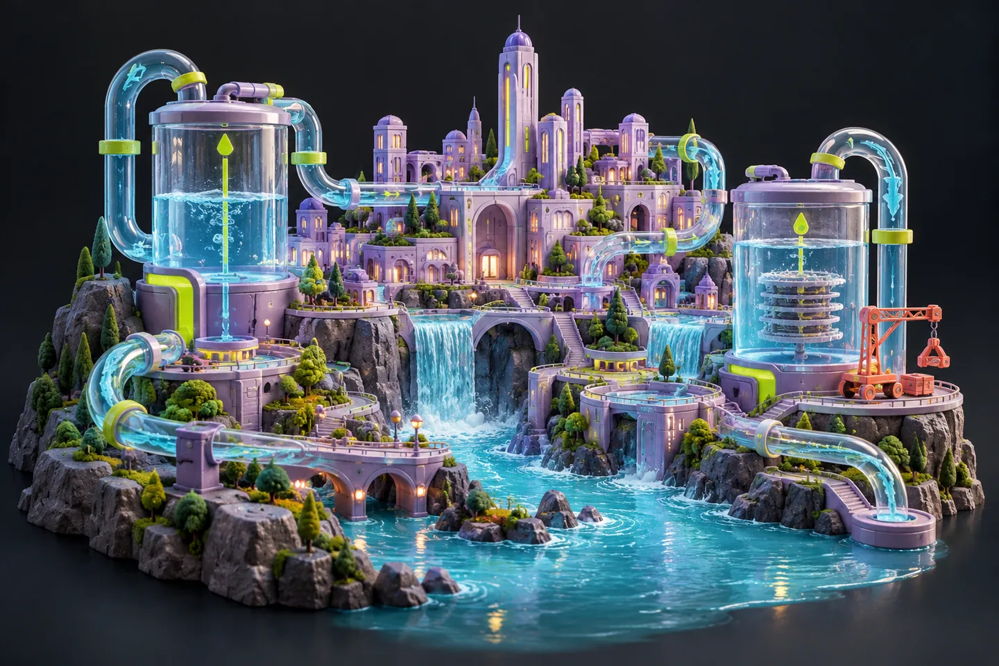 Original illustration: A miniature futuristic lavender city beside a cyan river, transparent looping water pipes and two clear treatment tanks, lime flow markers and a small coral maintenance gear.