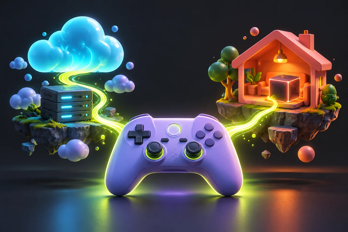 Original illustration: two paths from a cloud server and a home game cube toward a controller.