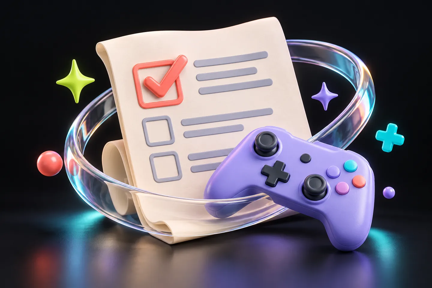 Original illustration: an open ivory research information sheet with a large coral check box beside a small lavender controller and a transparent protective ring.