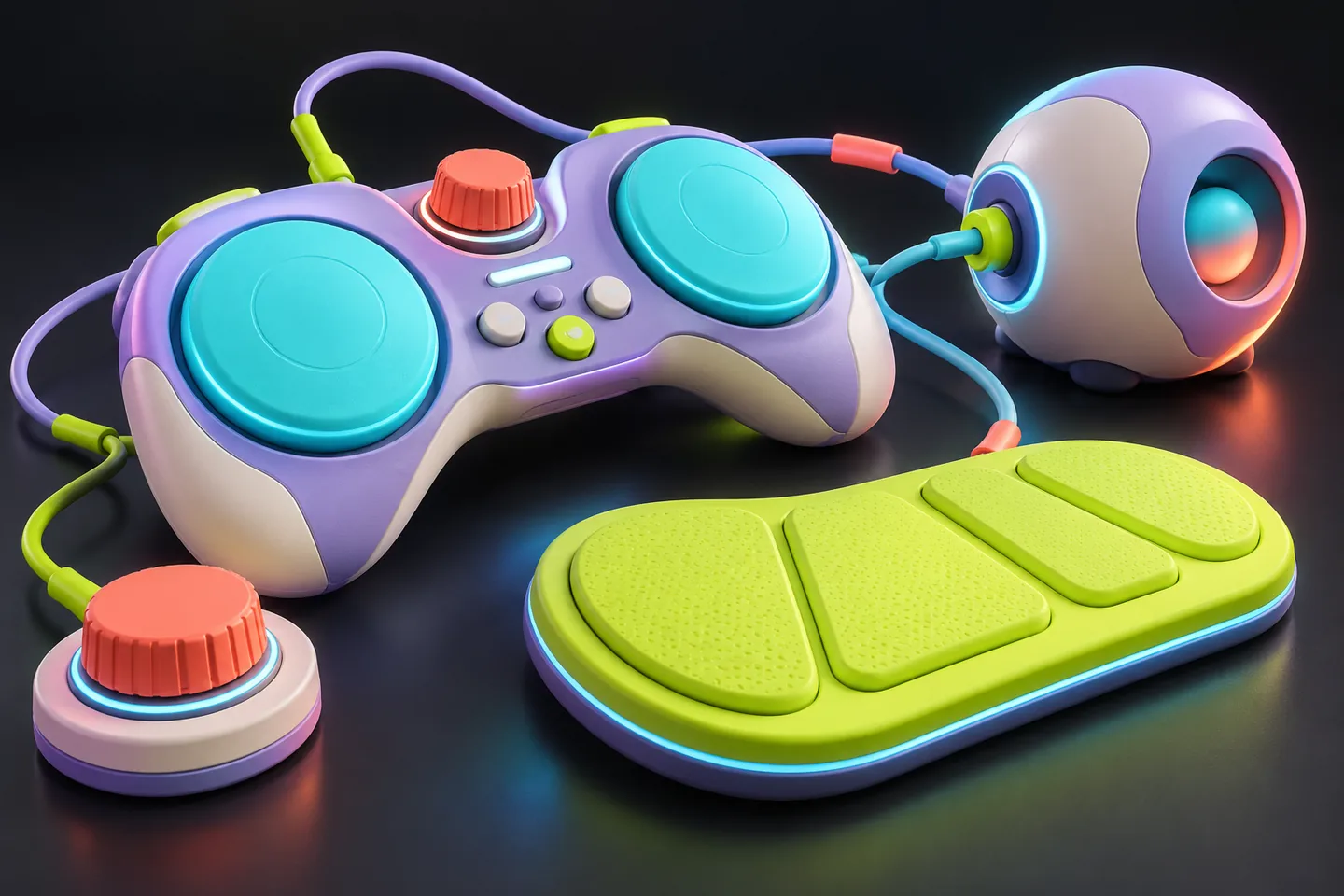 Original illustration: modular game controls with large pads and an adjustable knob.