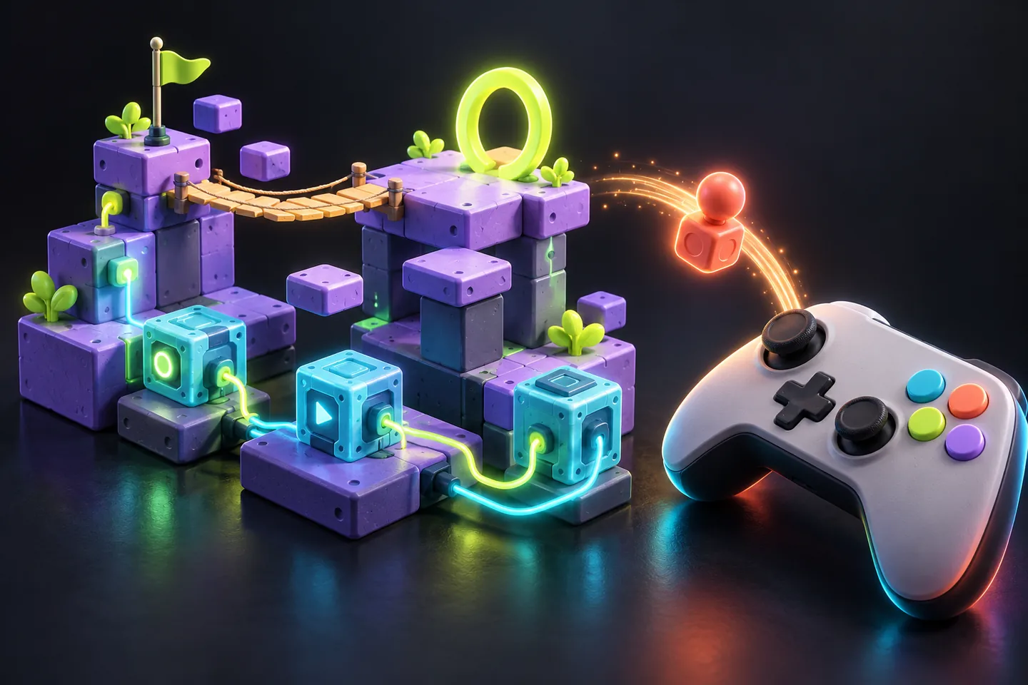 Original illustration: a small modular playable course beside connected logic blocks and a sharing token.