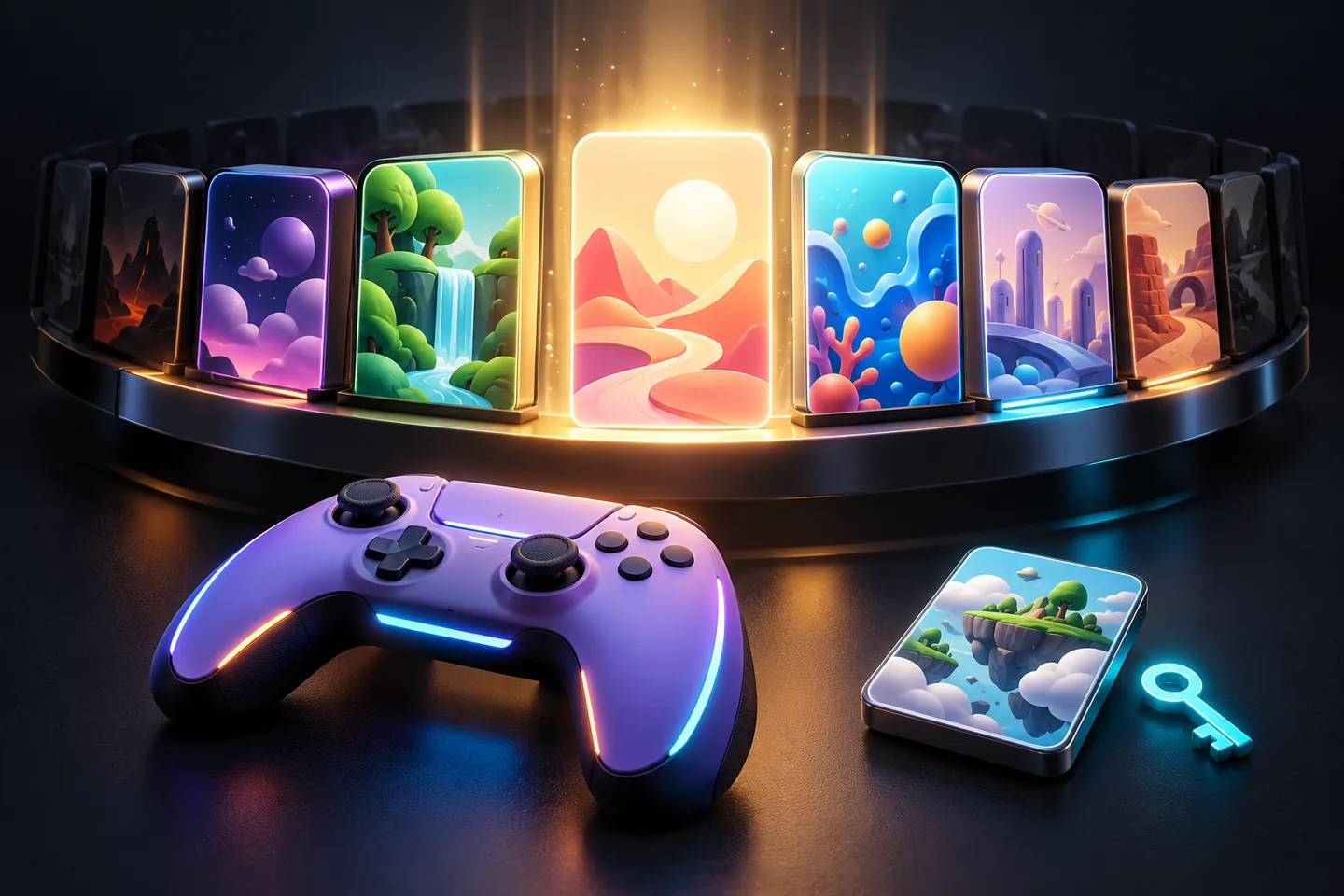 Original illustration: a curved rotating shelf of game tiles above a controller.