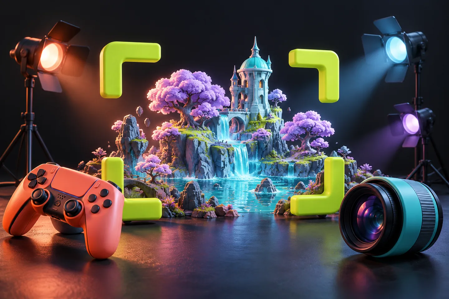 Original illustration: a miniature fantasy scene framed by camera corners beside a controller and lens.