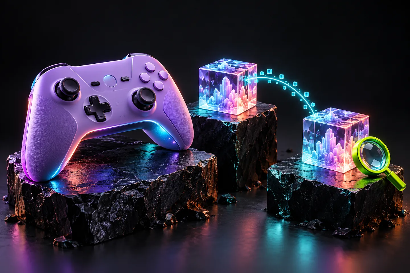Original illustration: a controller and paired save-like crystal blocks are connected by a luminous copying path.