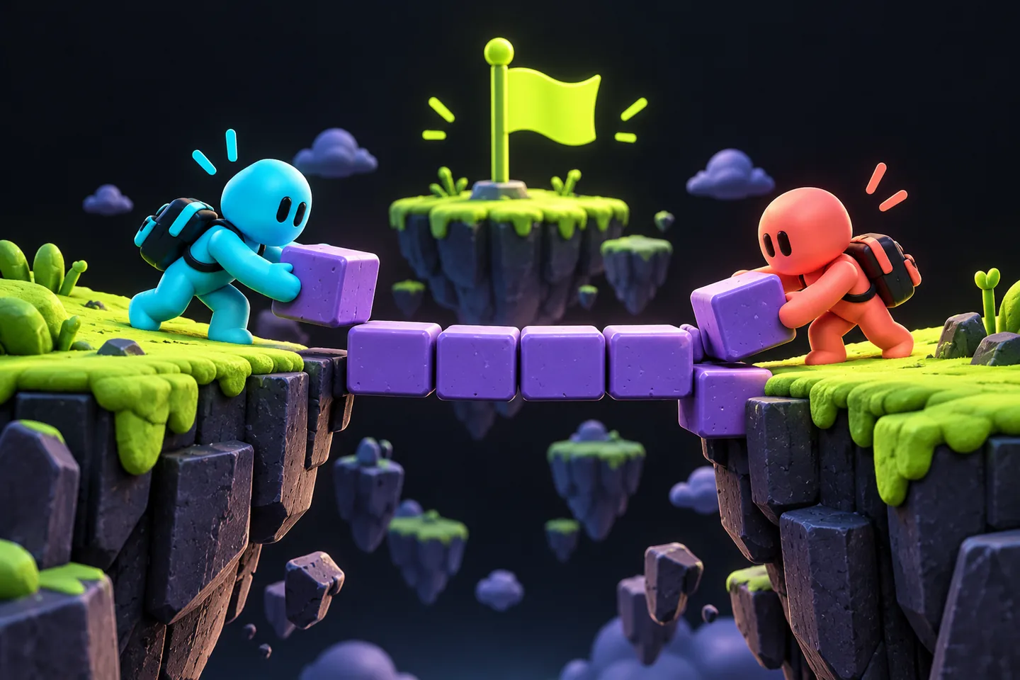 Original illustration: two friendly abstract cyan and coral player figures on opposite ledges joining purple bridge blocks toward a shared lime flag.