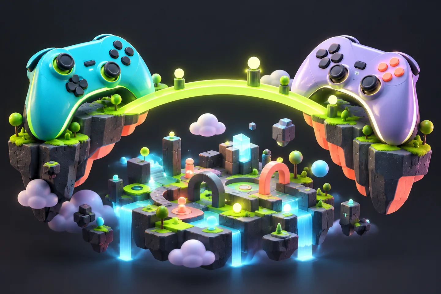 Original illustration: two controllers joined by a bridge above a shared playfield.