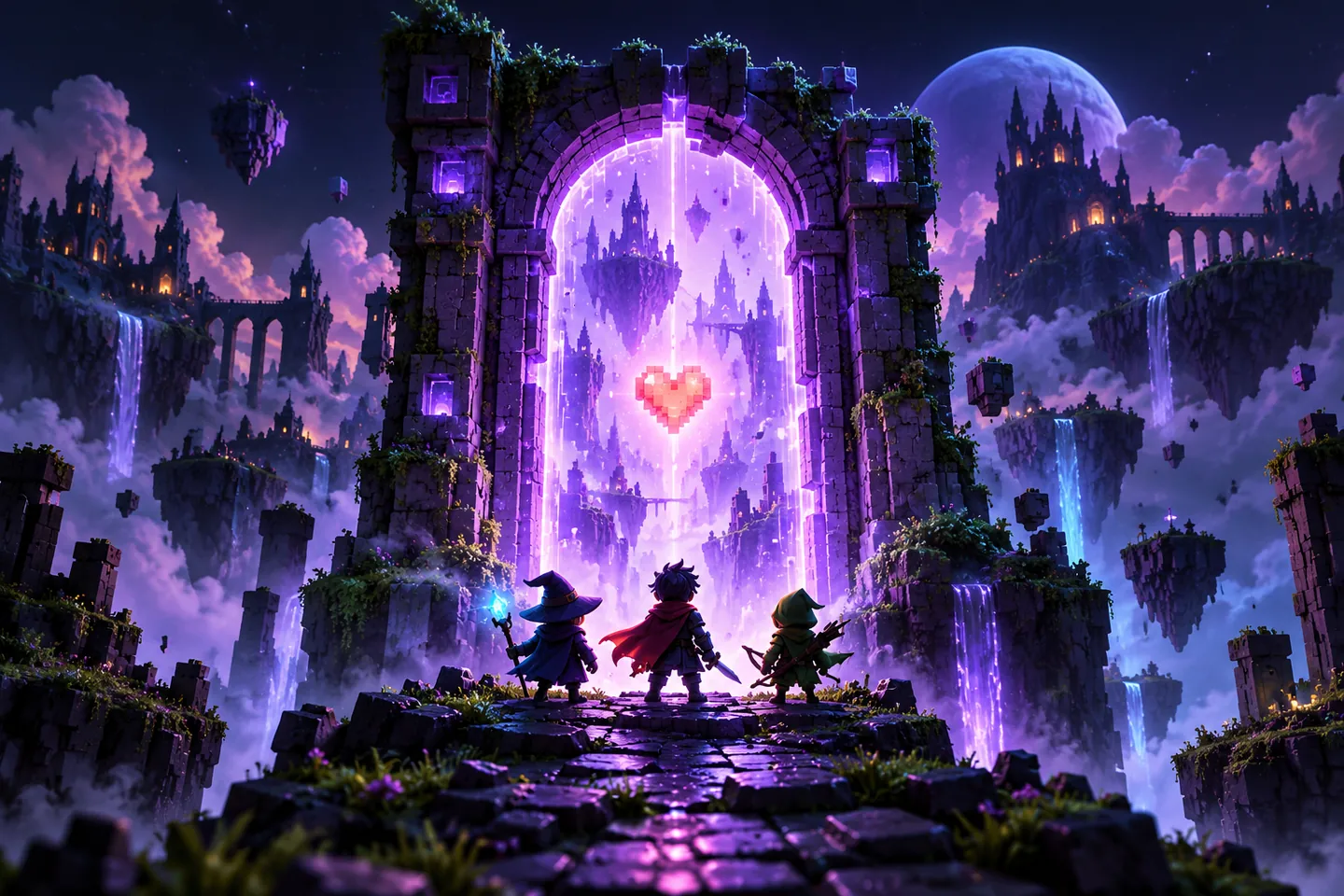 Original illustration: an original atmospheric pixel-inspired fantasy doorway glowing violet in a dark world.