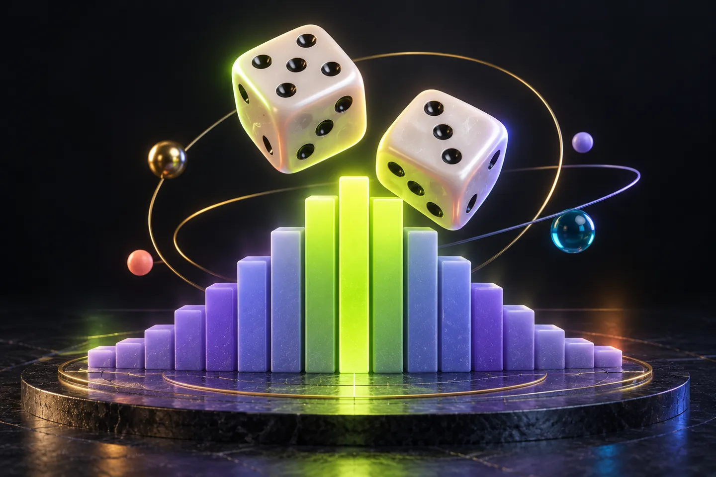 Original illustration: two ivory dice hovering over a sculptural lavender probability distribution made of stepped columns.