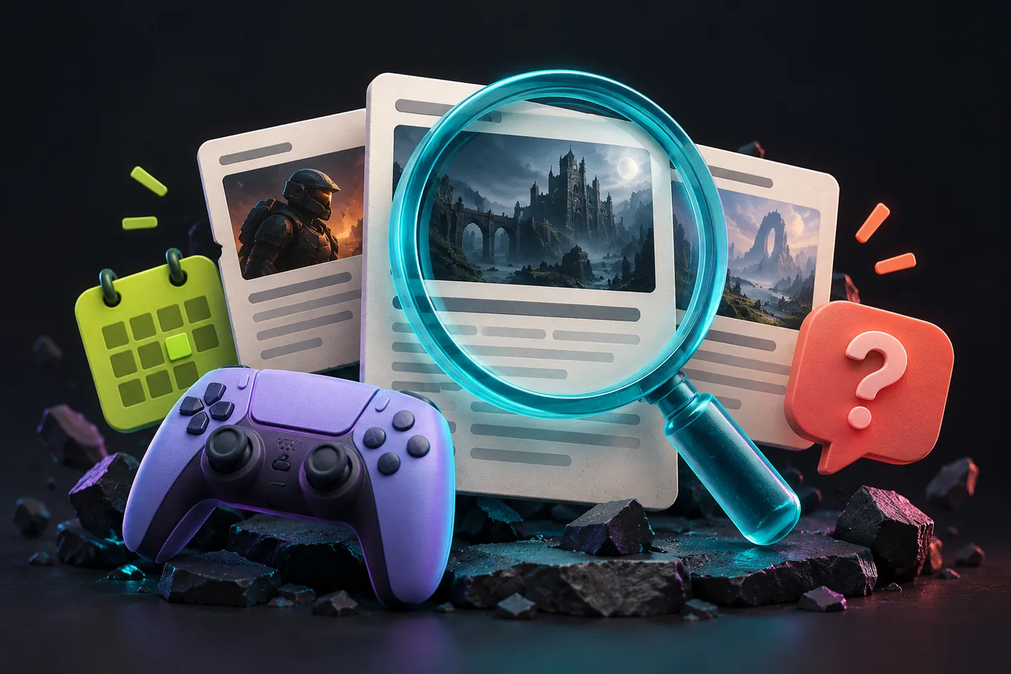 Original illustration: A translucent cyan magnifying glass over three ivory news cards, a lavender controller, a small lime calendar tile and a coral speech bubble with a question mark.