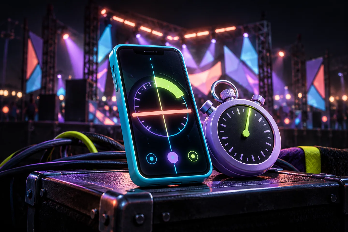 Original illustration: A refined adult festival arcade concept: a small unbranded cyan phone with an abstract timing gauge, a lavender stopwatch and a coral target line, evening stage lights softly out of focus behind.