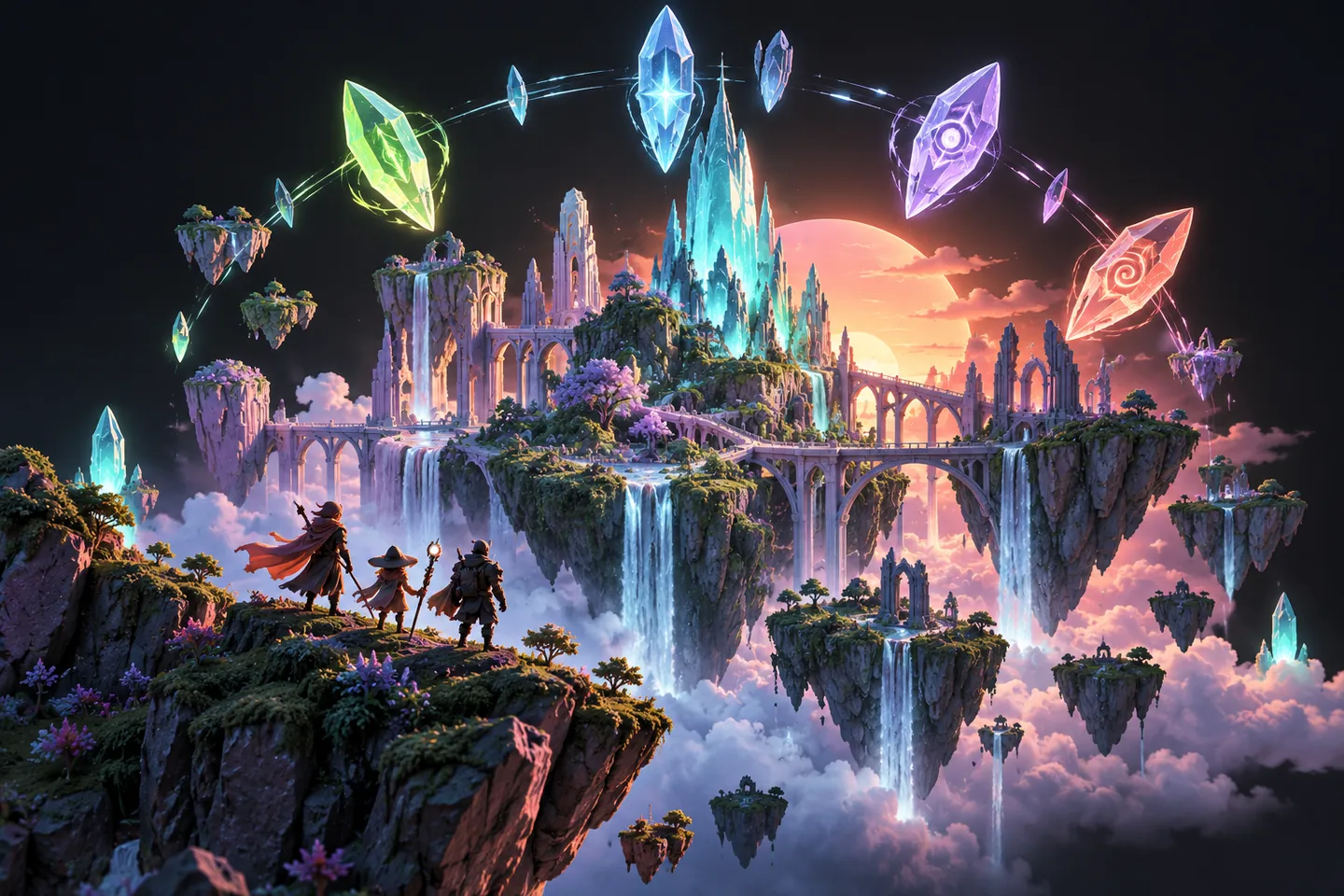Original illustration: a fantasy landscape with luminous crystals and tiny original adventurer figures.