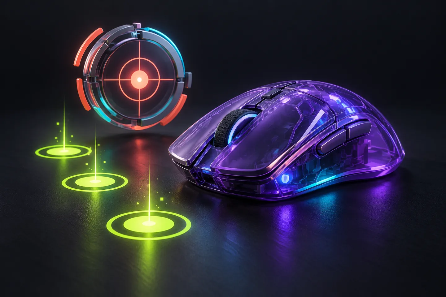 Original illustration: an unbranded translucent violet computer mouse beside a circular floating aim-training target and three lime rhythm markers.