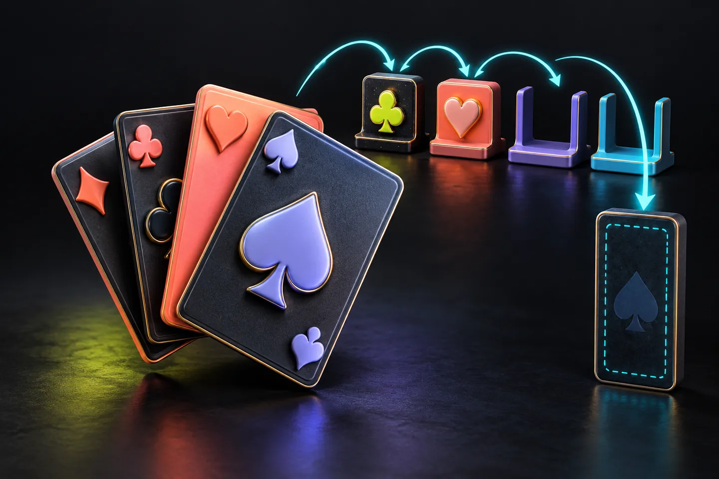 Original illustration: playing cards move between temporary parking spaces and an empty card lane.