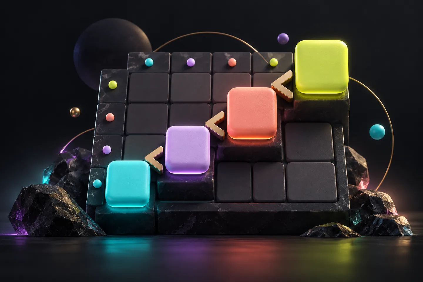 Original illustration: four blank puzzle tiles rise beside glowing less-than symbols on a miniature grid.