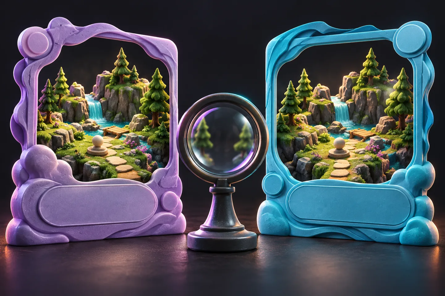 Original illustration: two identical miniature game scenes sit behind differently framed blank information cards.
