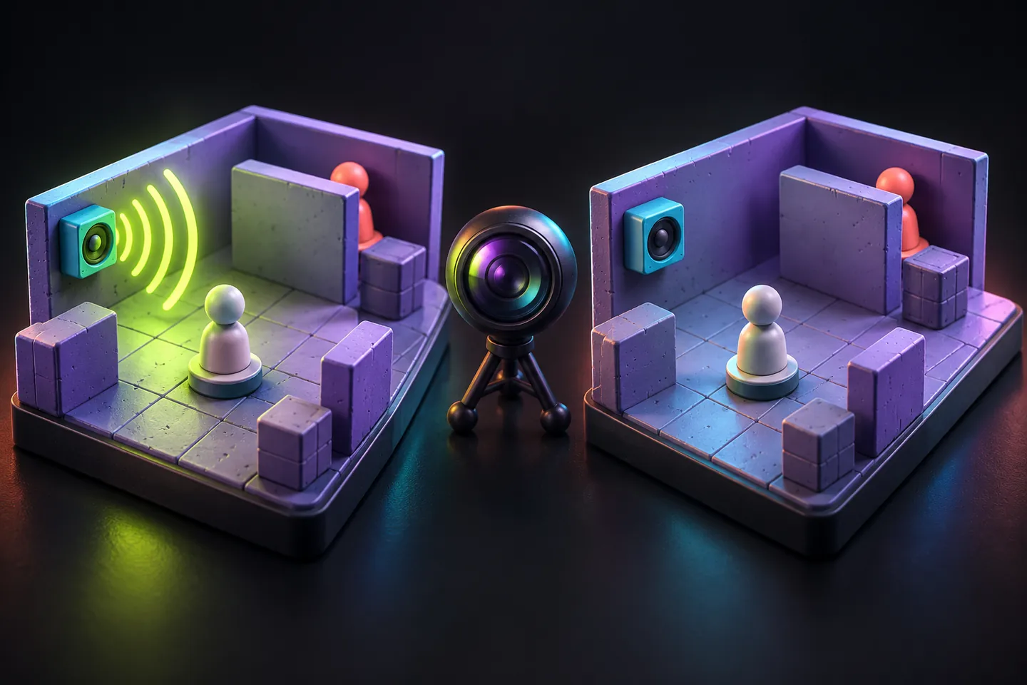Original illustration: two miniature game scenes compare a visible sound cue with a quiet speaker.