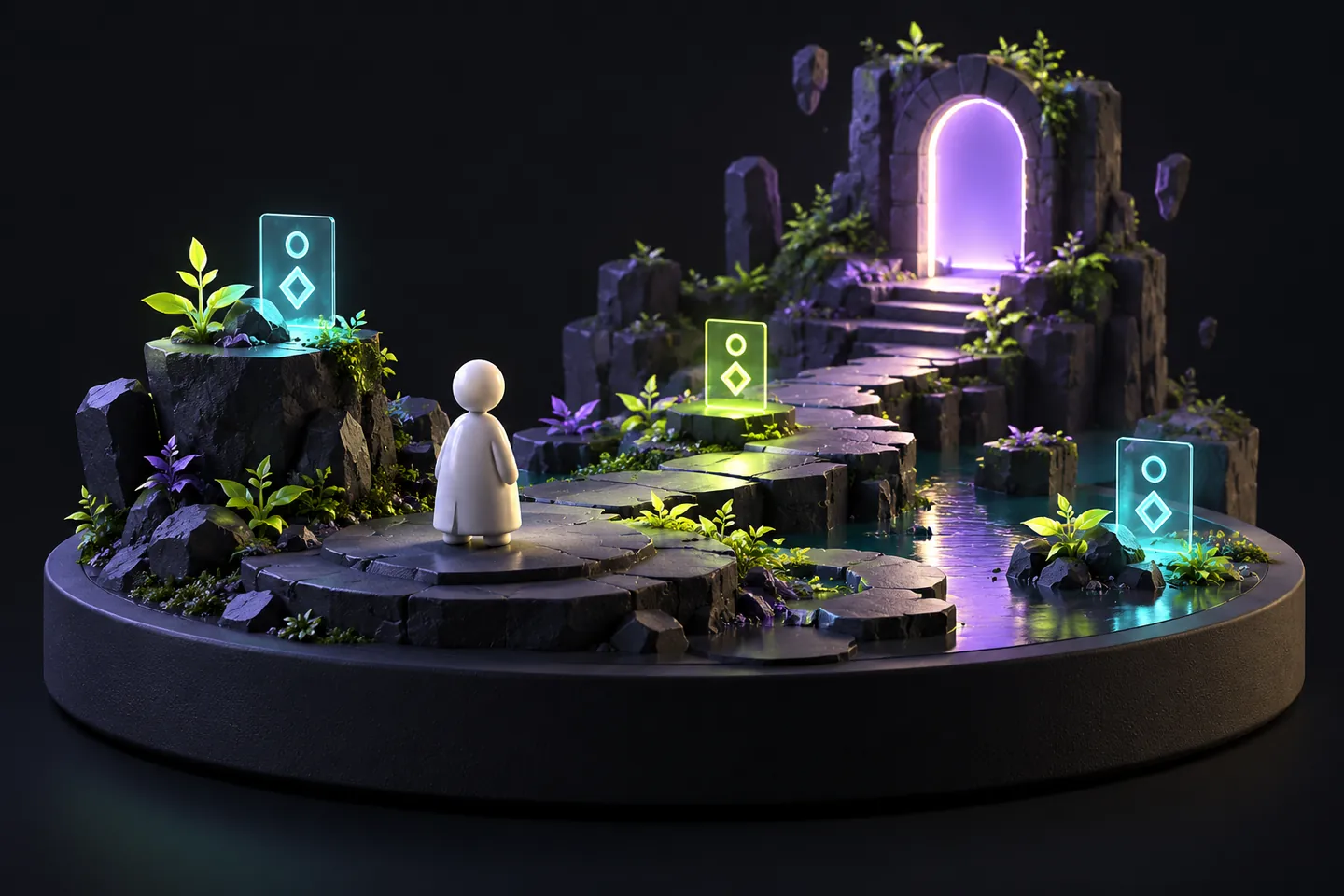 Original conceptual illustration of a game scene with abstract information displays placed in different locations.