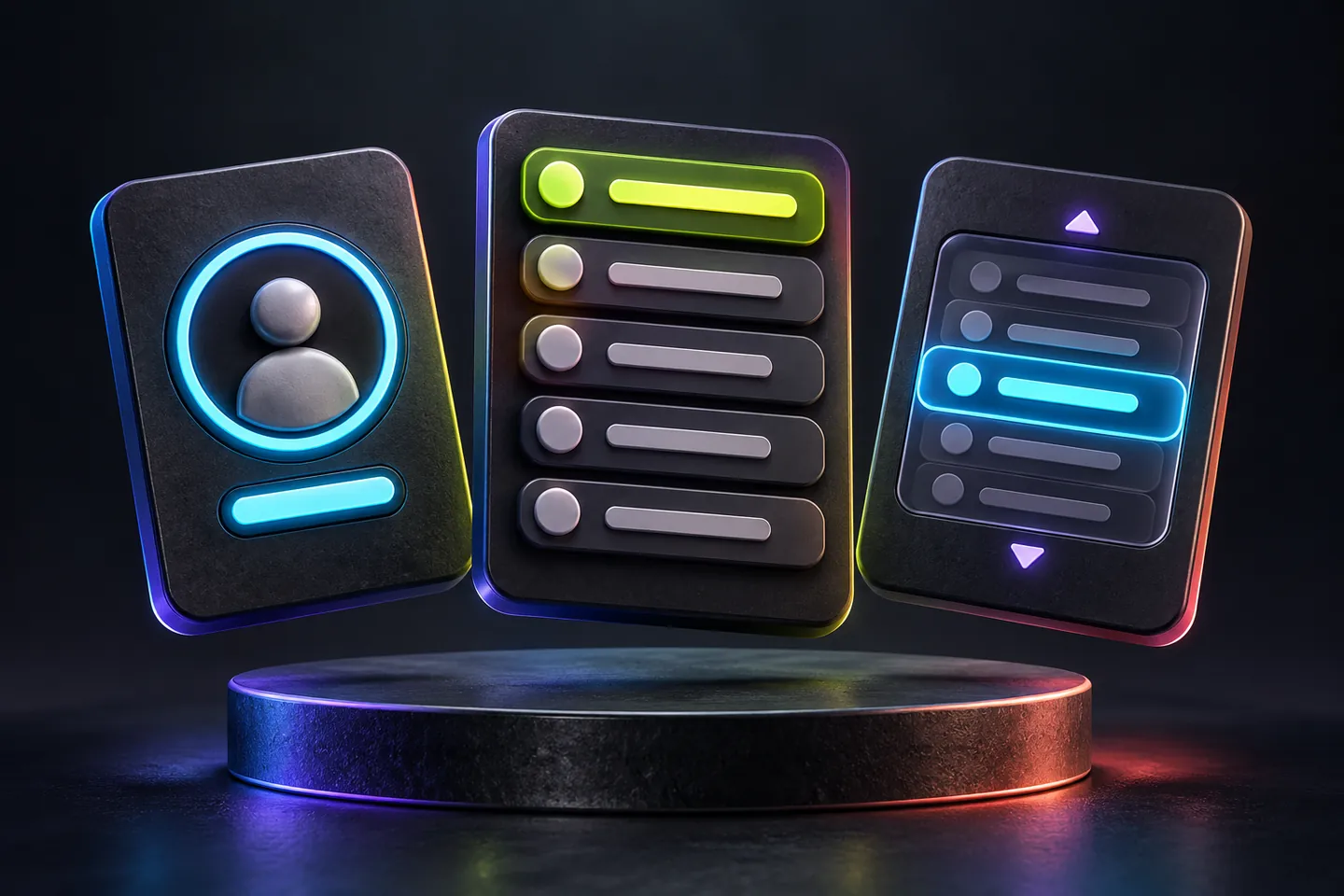 Original conceptual illustration: three abstract result cards show a personal score, top rows and neighboring positions.