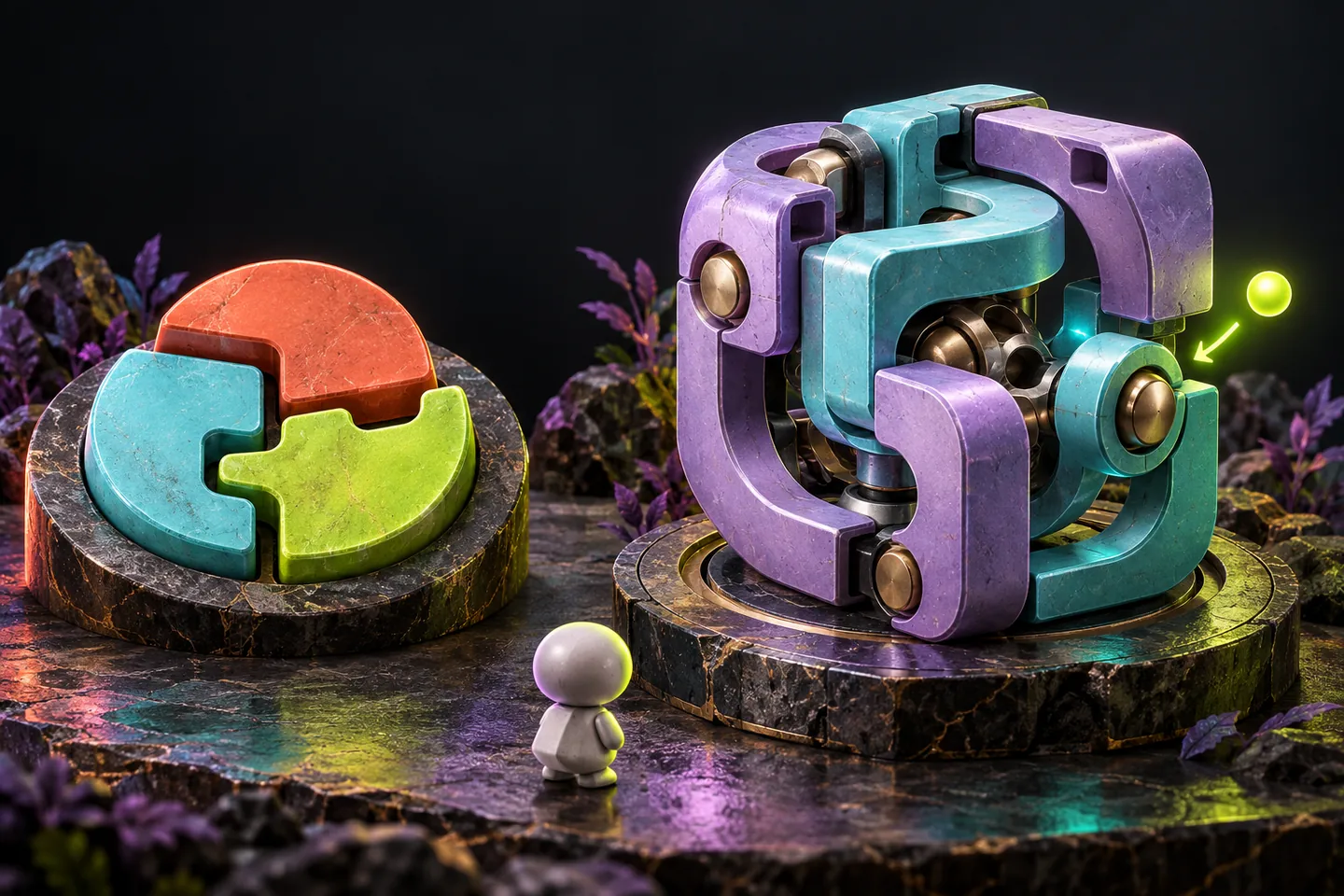 Original illustration: a simple puzzle and an intricate mechanism beside a small contextual instruction marker.