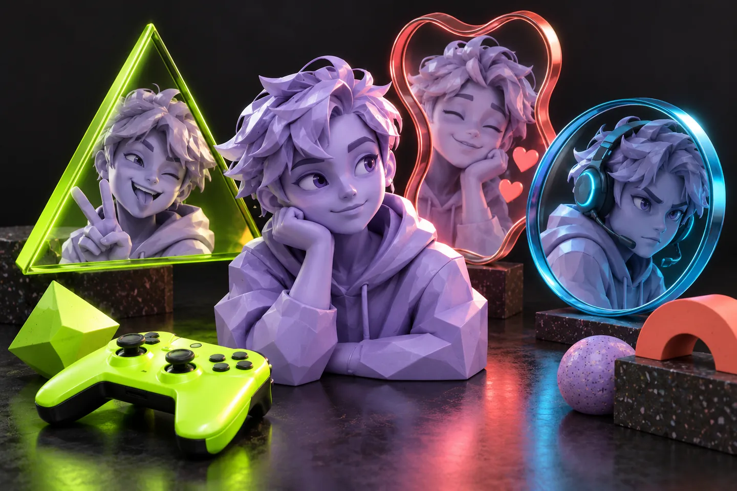 Original illustration: a faceted lavender player bust reflected differently in three small colorful geometric mirrors.