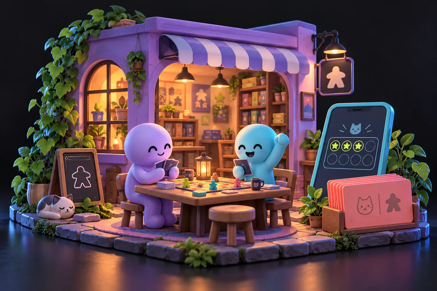 Original illustration: A miniature lavender tabletop game café with two friendly abstract players, a cyan phone displaying a simple stamp card with lime stars and a neat coral stack of contact cards.