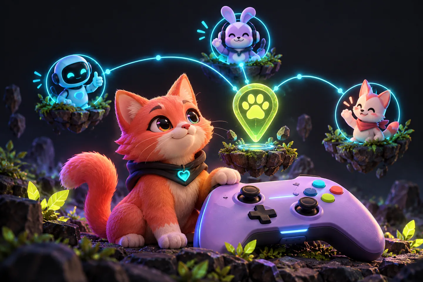 Original illustration: A friendly coral cat beside a lavender game controller, a cyan message network connecting a clear lime paw-shaped location marker to three abstract helper figures.
