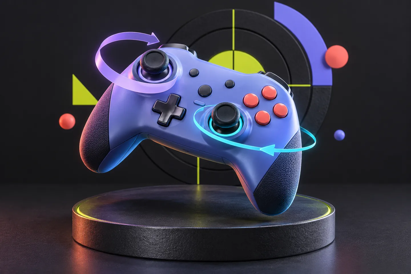Original illustration: rotation arcs surround an unbranded controller beside an abstract target.
