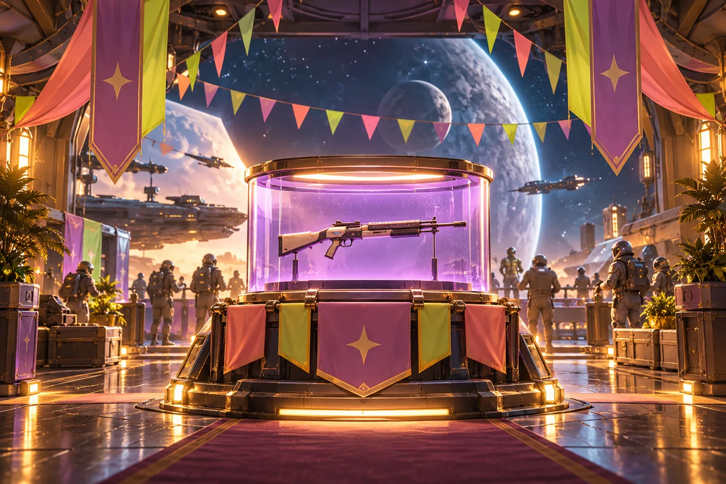 Original illustration: a festive fictional space hangar with pennants and a retro rifle display behind glass.