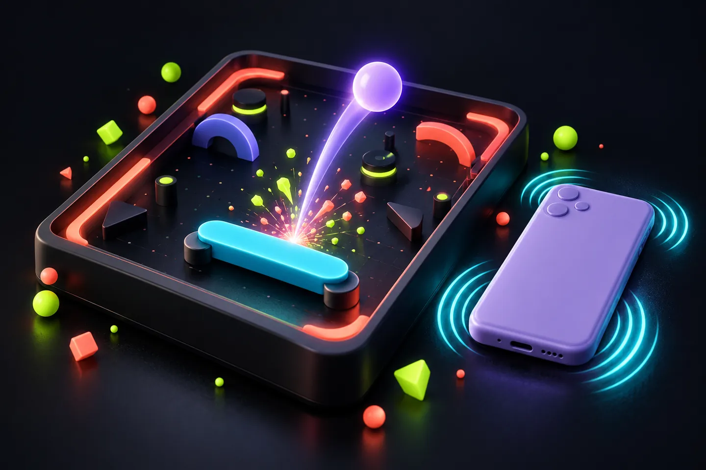 Original illustration: a ball-and-paddle collision with colored particles beside a vibrating lavender device.