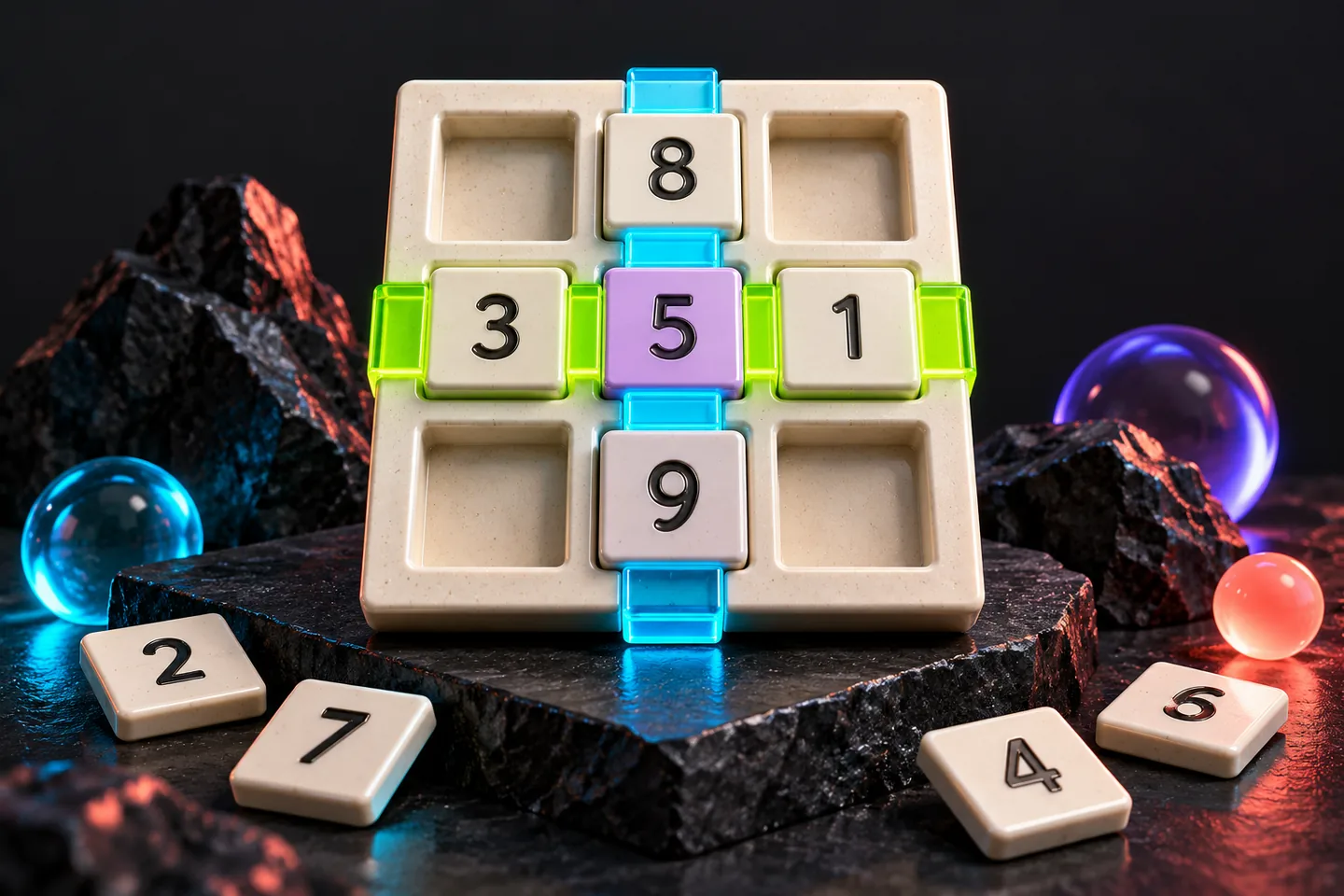 Original conceptual illustration: number tiles in a small cross-sum grid are connected by intersecting colored bands.