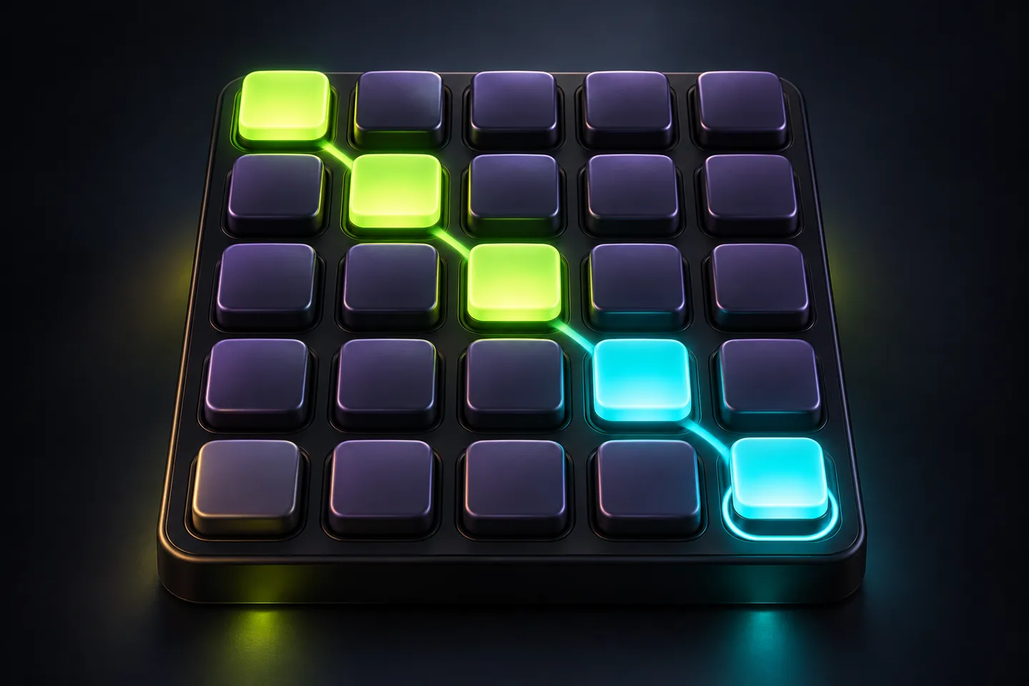 Original illustration: a five-by-five light-button board with a descending row-by-row trail.
