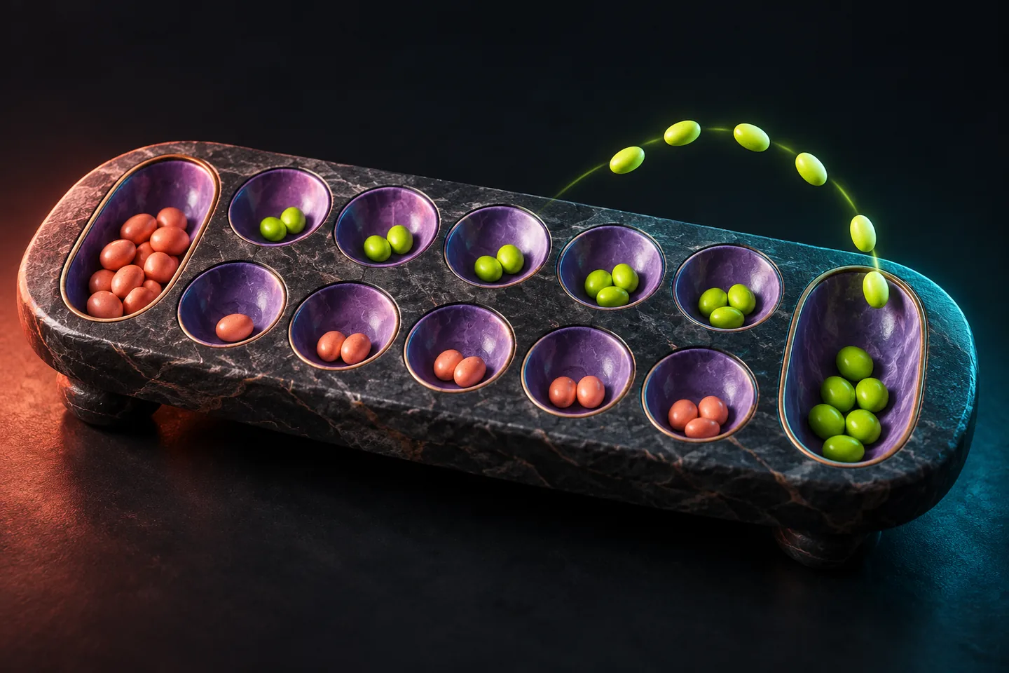 Original illustration: a small sculptural sowing board with colorful seeds arcing toward a larger store.