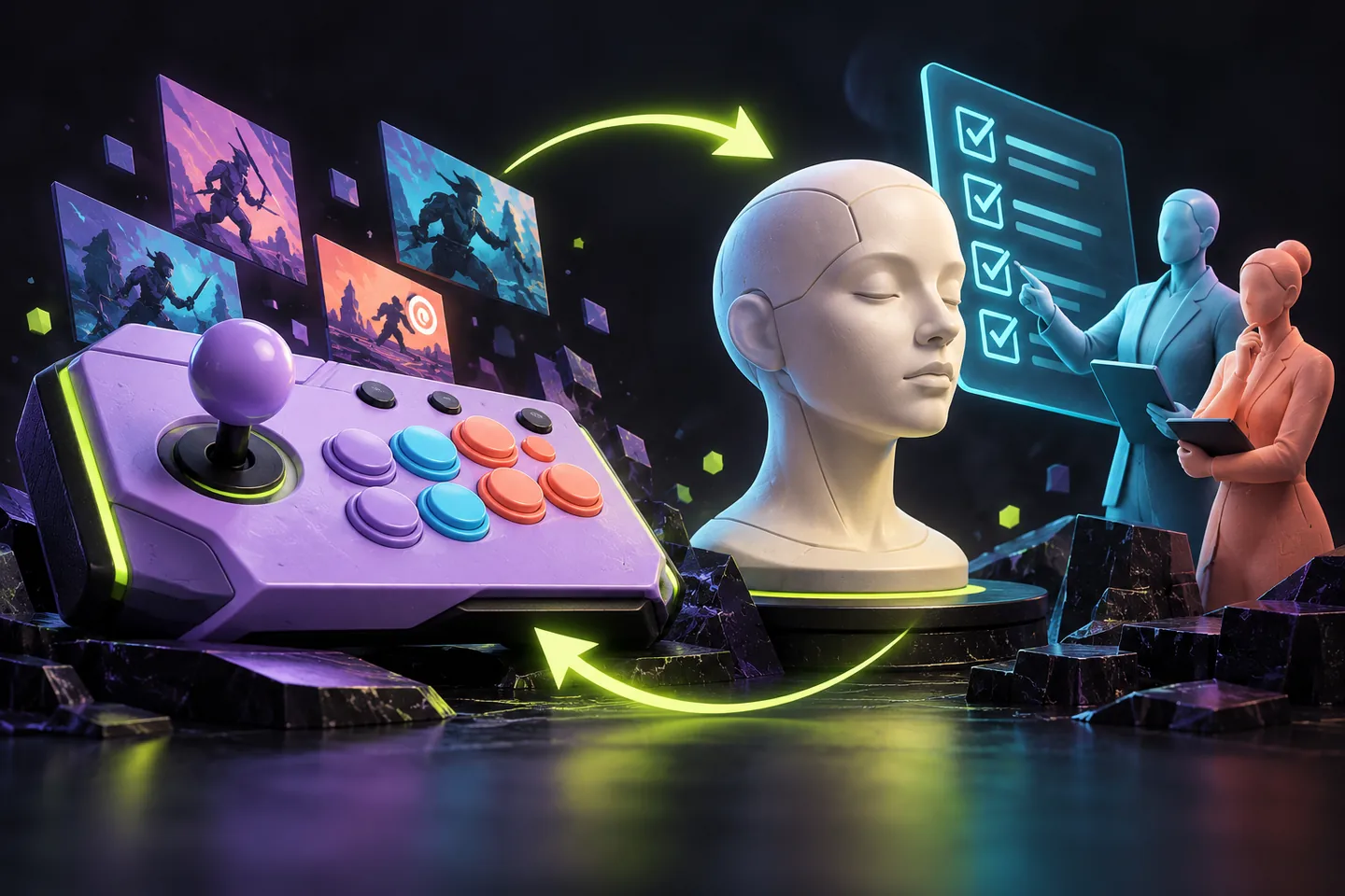 Original illustration: A clear separation between a lavender arcade controller on one side and a neutral ivory training mannequin head beside a cyan checklist and two abstract educator figures on the other.