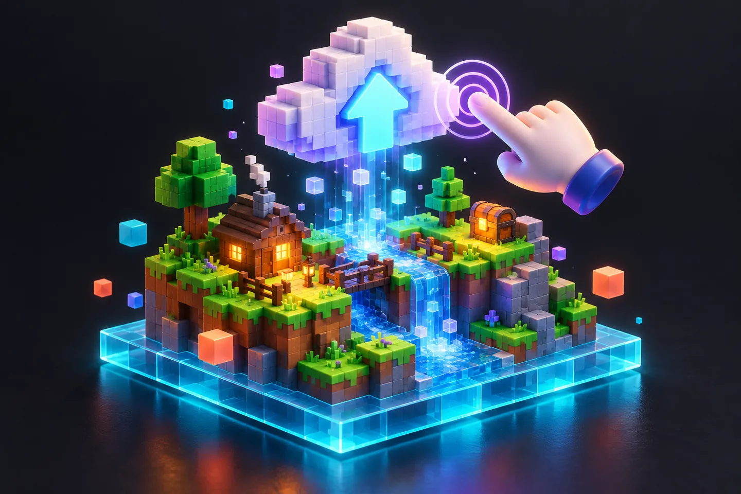 Original illustration: an original small voxel landscape on a translucent cyan test platform.