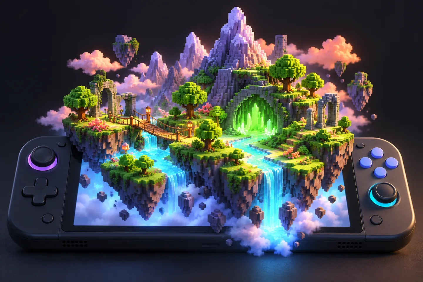 Original illustration: an original lush voxel island with blocky trees.
