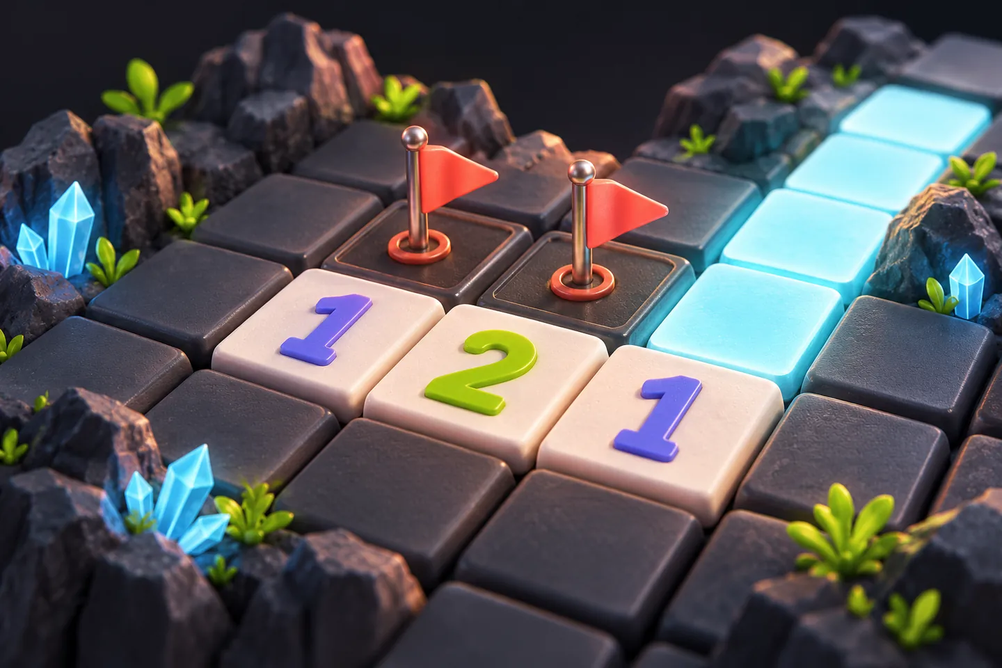Original illustration: close view of a row of chunky ivory Minesweeper tiles reading 1.