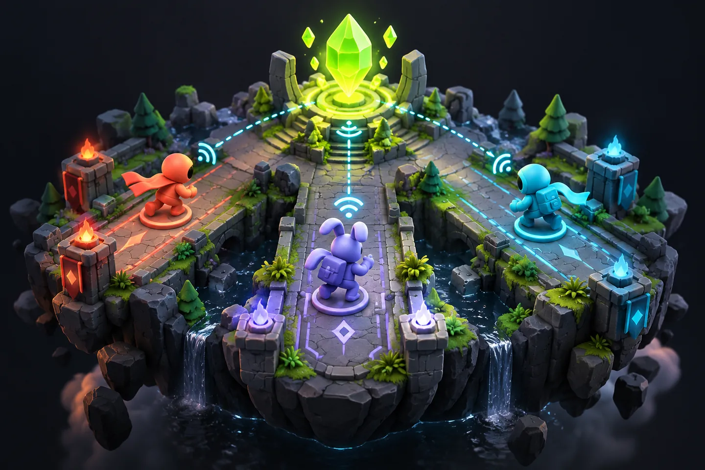 Original illustration: a stylized miniature three-lane map on a charcoal island.